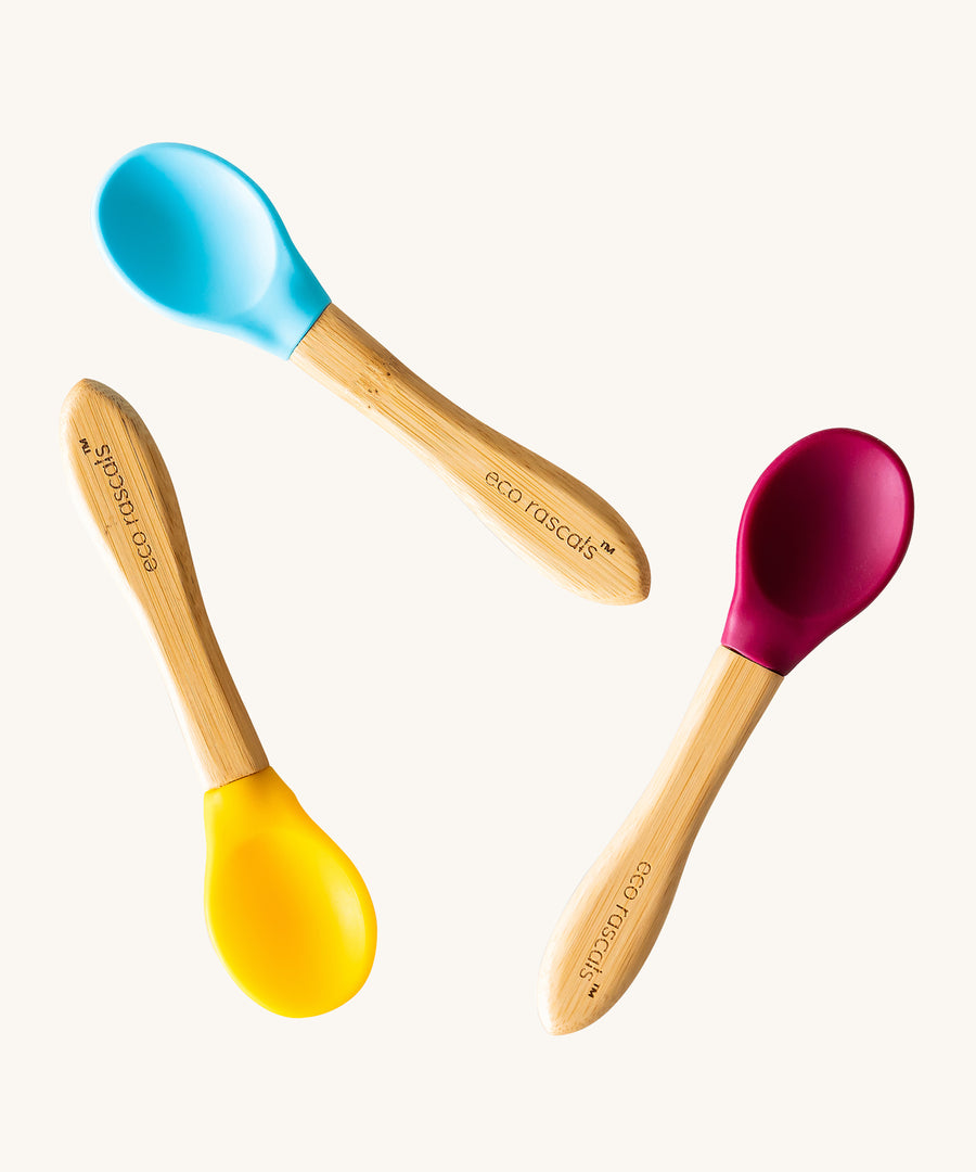 Eco Rascals Baby Spoons - 3 Pack in yellow, blue and magenta. 