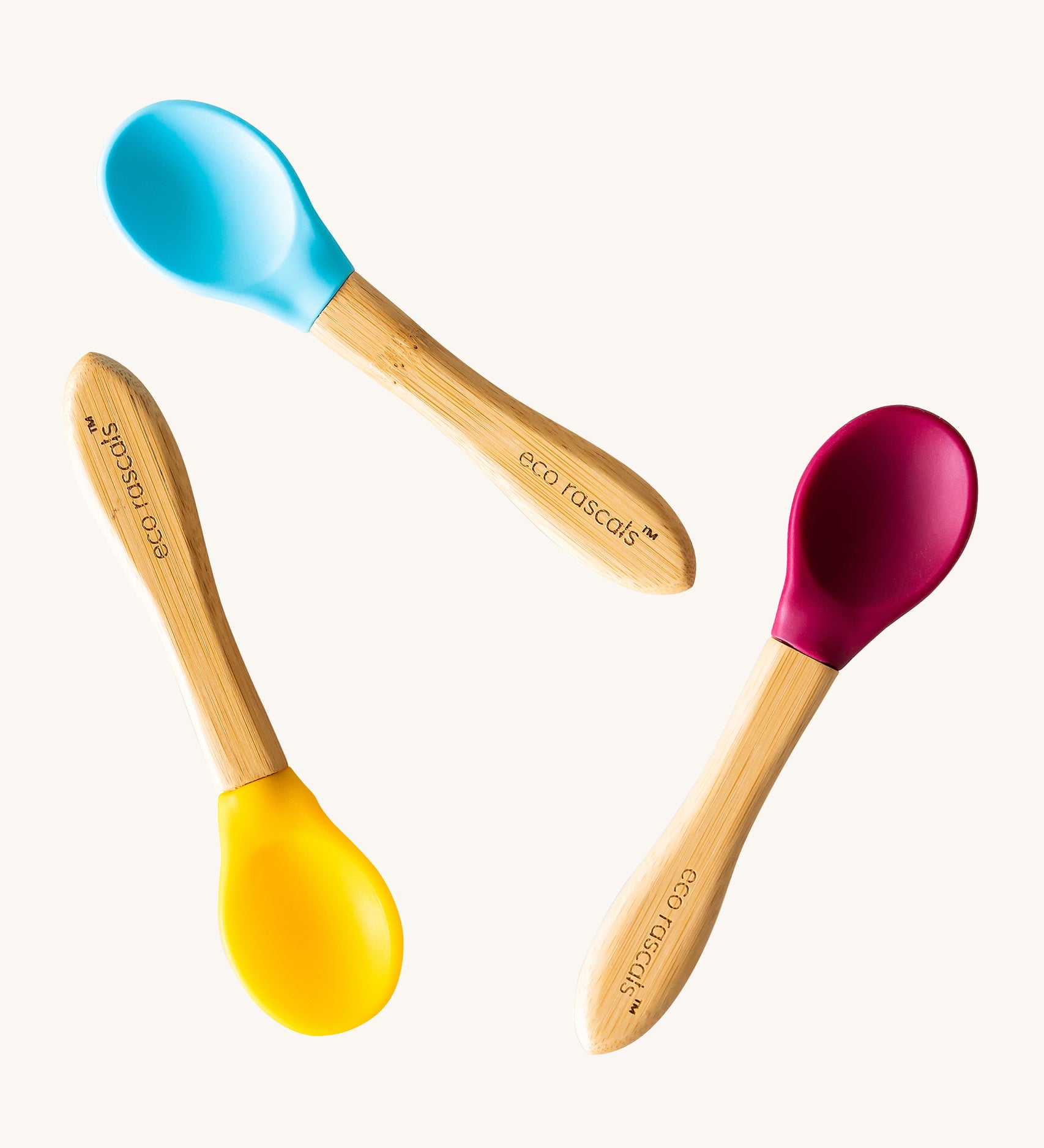 Eco Rascals Baby Spoons - 3 Pack in yellow, blue and magenta. 