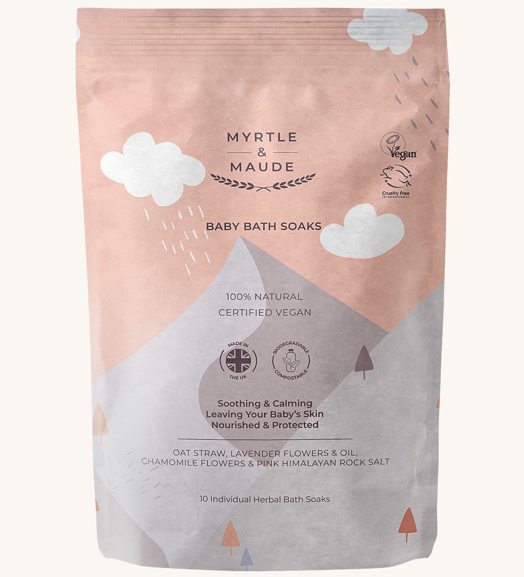 pink with white clouds baby bath soaks pouch on a cream background.