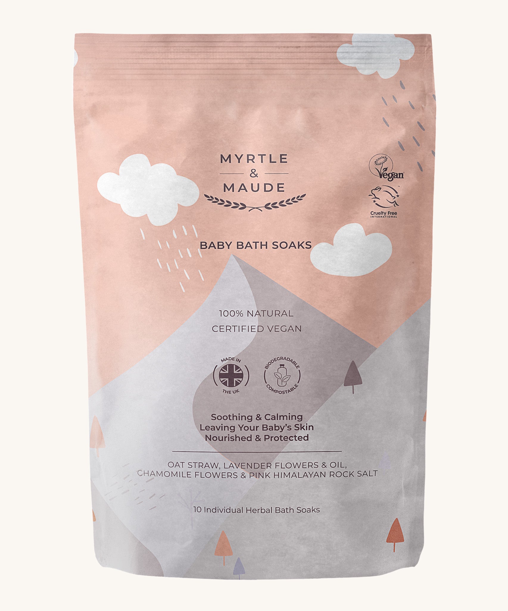 pink with white clouds baby bath soaks pouch on a cream background.