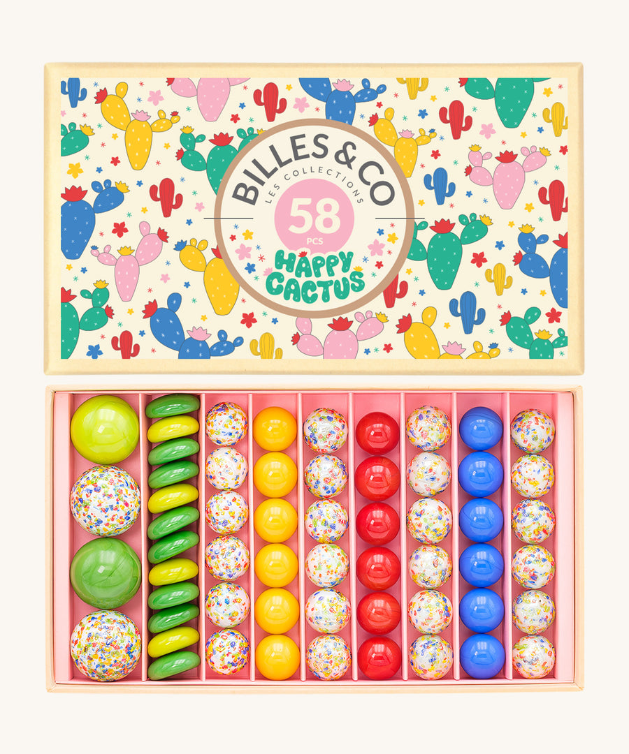 Billes & Co Happy Cactus Marbles Box - 58 Pack. A set of 58 colourful marbles in yellow, green, red, blue and white with colourful sprinkles