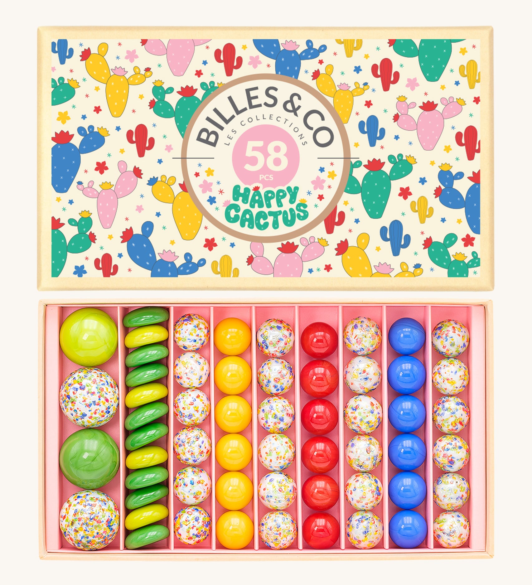 Billes & Co Happy Cactus Marbles Box - 58 Pack. A set of 58 colourful marbles in yellow, green, red, blue and white with colourful sprinkles