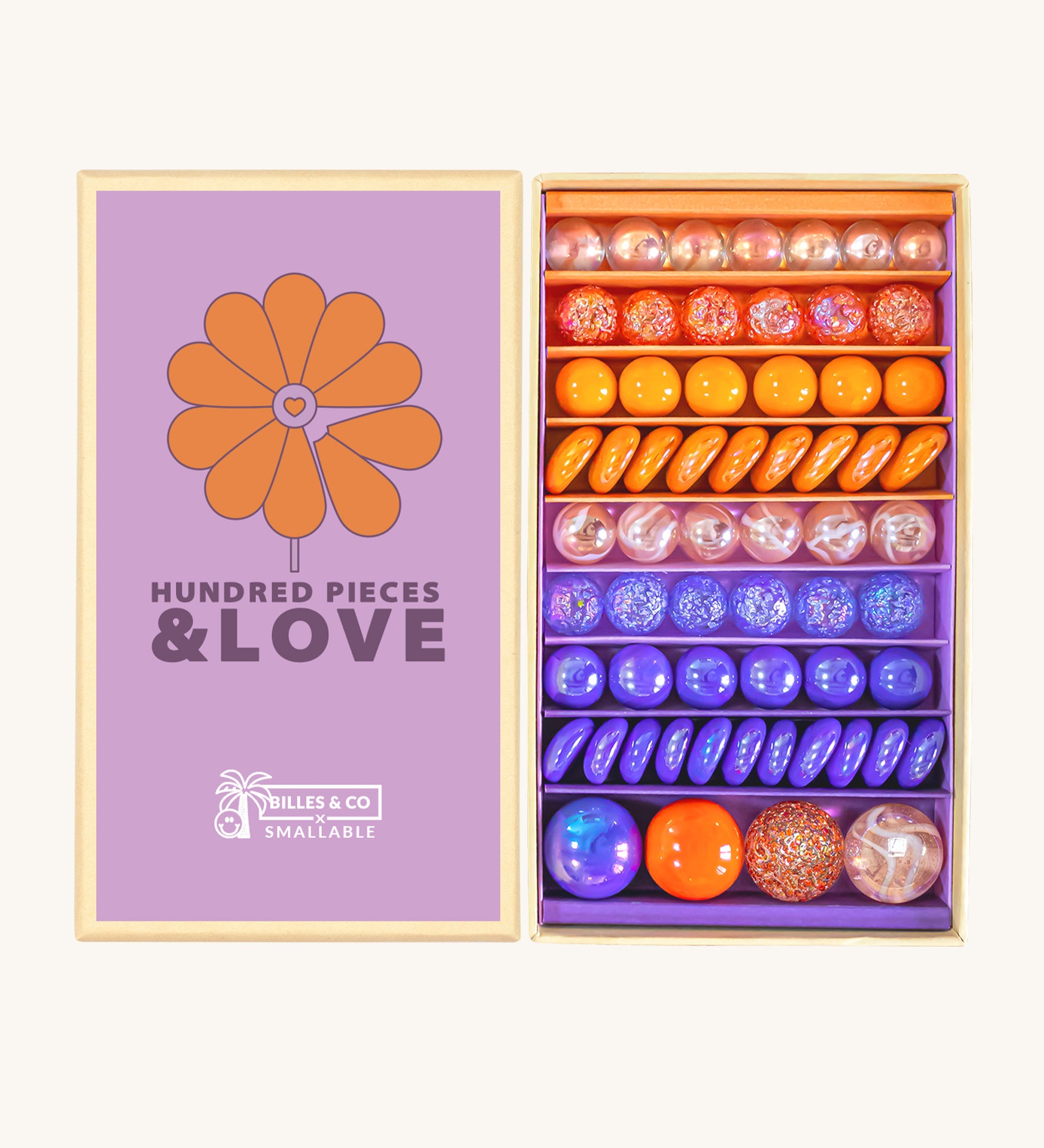 Billes & Co Hundred Pieces & Love Marbles Box - 61 Pack. Round and flat marbles in ombre shades of pink, orange, yellow and purple