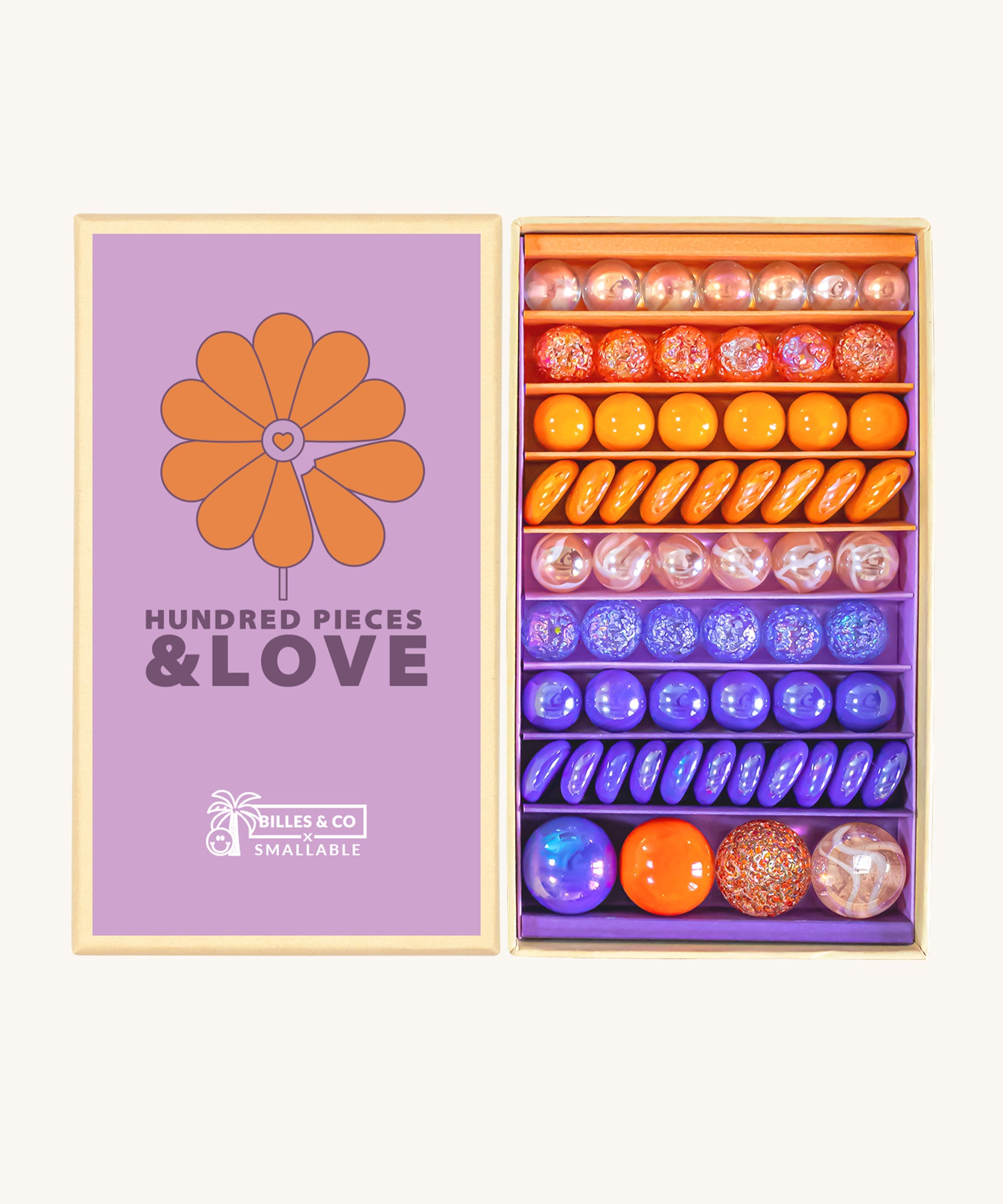 Billes & Co Hundred Pieces & Love Marbles Box - 61 Pack. Round and flat marbles in ombre shades of pink, orange, yellow and purple