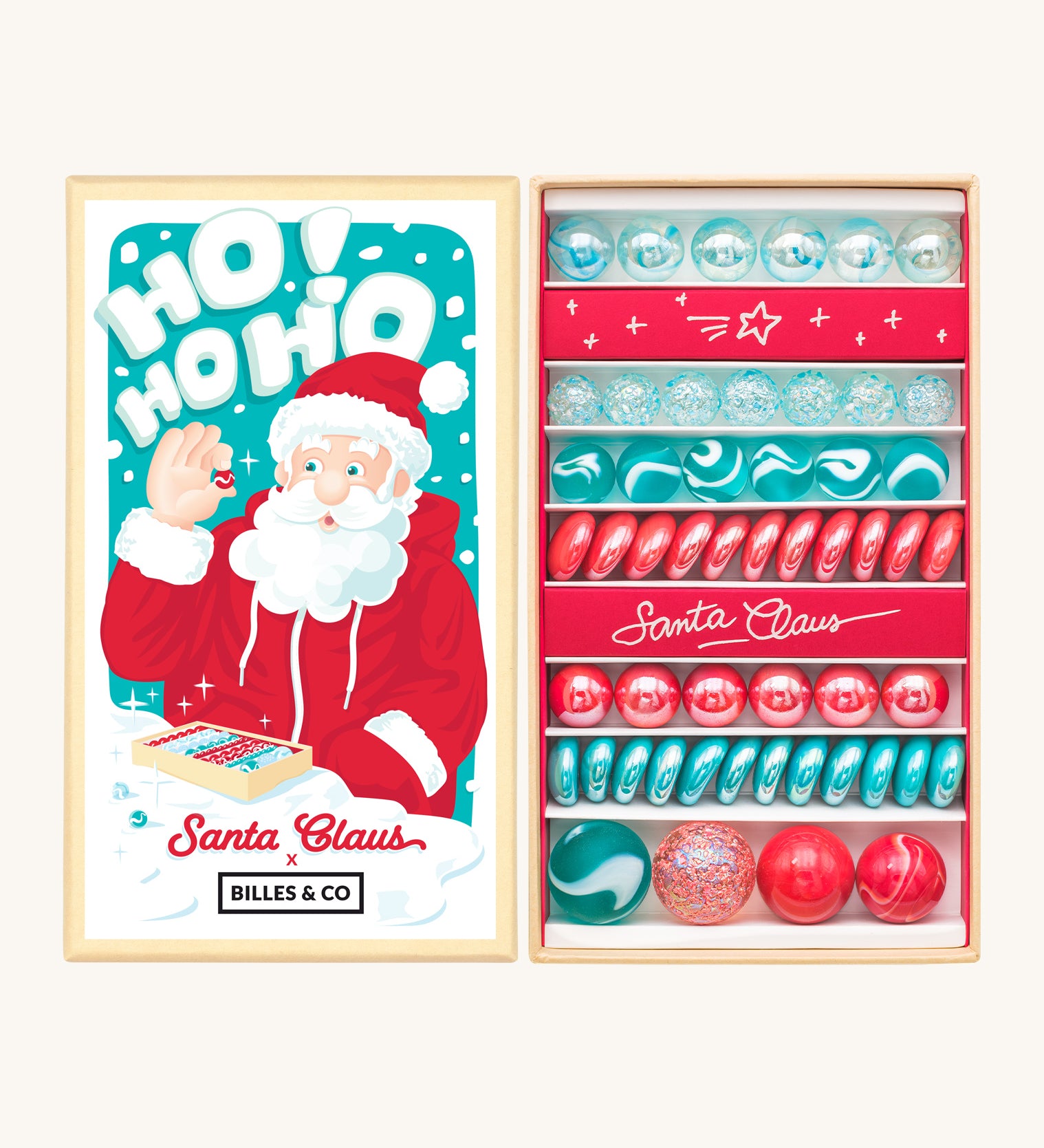 Festive Billes & Co Santa Marbles Treasure Box includes 53 coloured glass marbles in icy blues and glossy reds. Signed by Santa himself on the hidden treasure compartment.