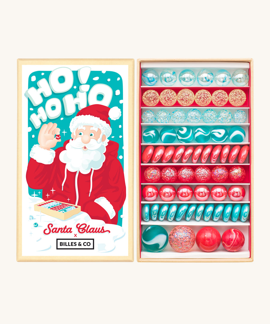 Festive Billes & Co Santa Marbles Treasure Box includes 53 coloured glass marbles in icy blues and glossy reds