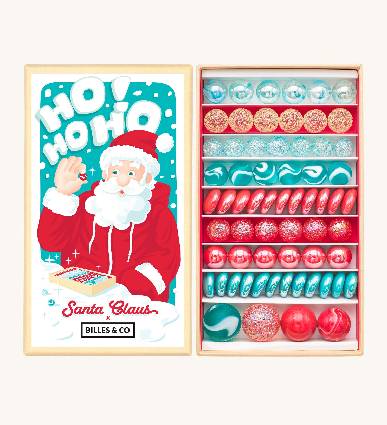 Festive Billes & Co Santa Marbles Treasure Box includes 53 coloured glass marbles in icy blues and glossy reds