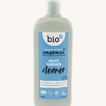 Bio-D Natural Surface Cleaner in a 100% recycled, 750ml grey plastic bottle. Cream background.