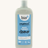 Bio-D Natural Surface Cleaner in a 100% recycled, 750ml grey plastic bottle. Cream background.