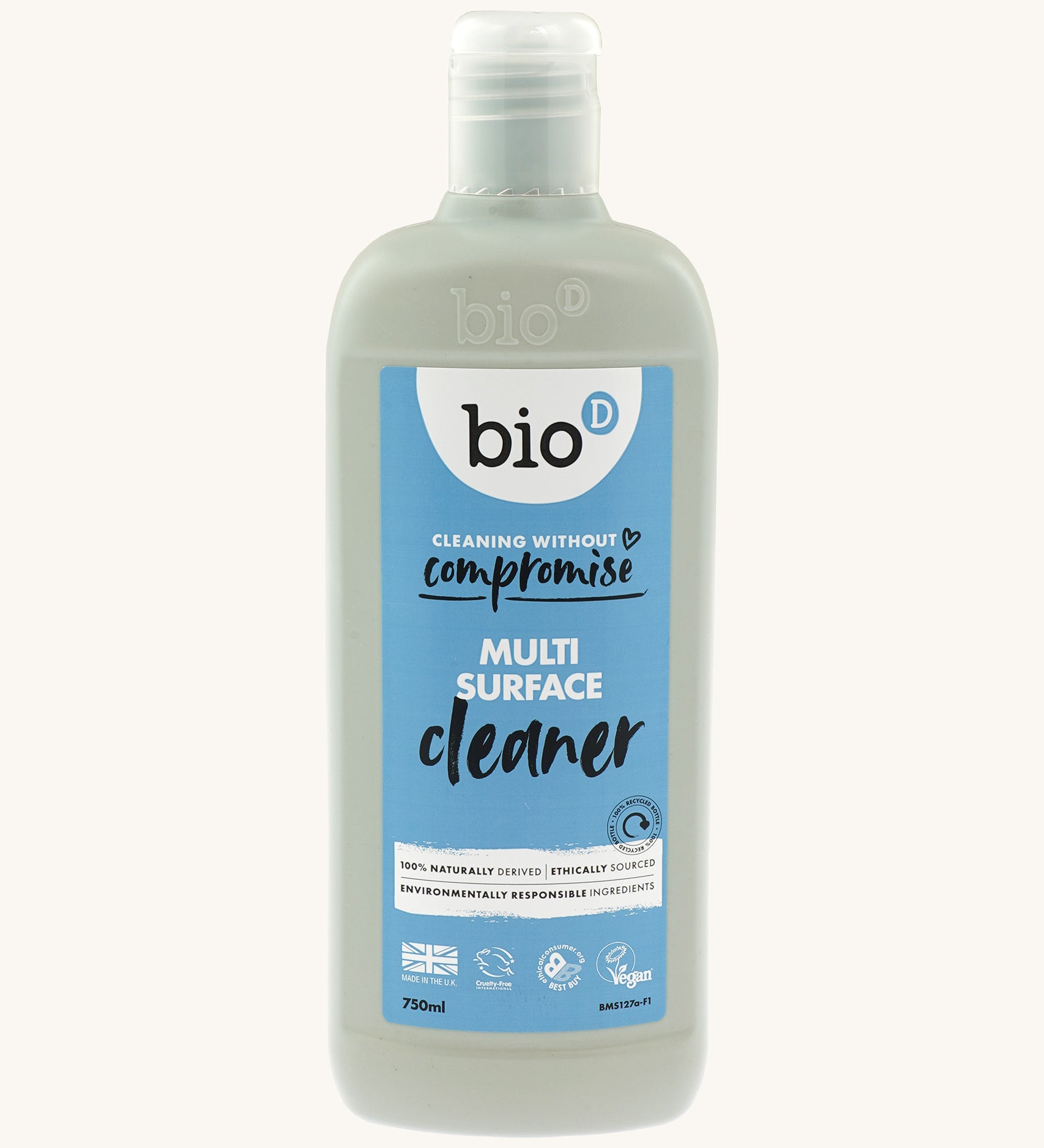 Bio-D Natural Surface Cleaner in a 100% recycled, 750ml grey plastic bottle. Cream background.