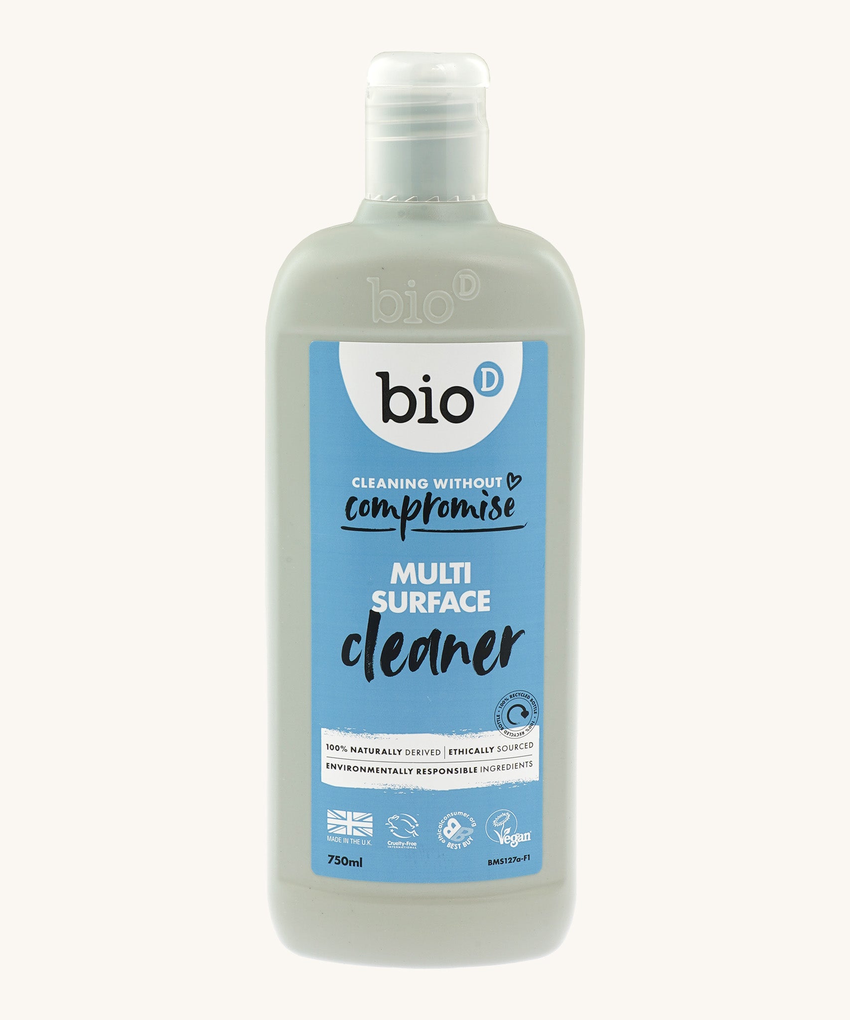 Bio-D Natural Surface Cleaner in a 100% recycled, 750ml grey plastic bottle. Cream background.