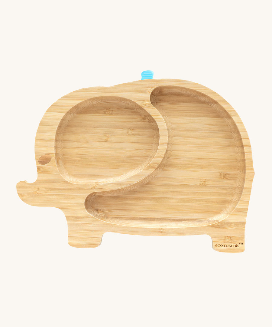 Eco Rascals Elephant Bamboo Suction Plate with blue silicone base. 