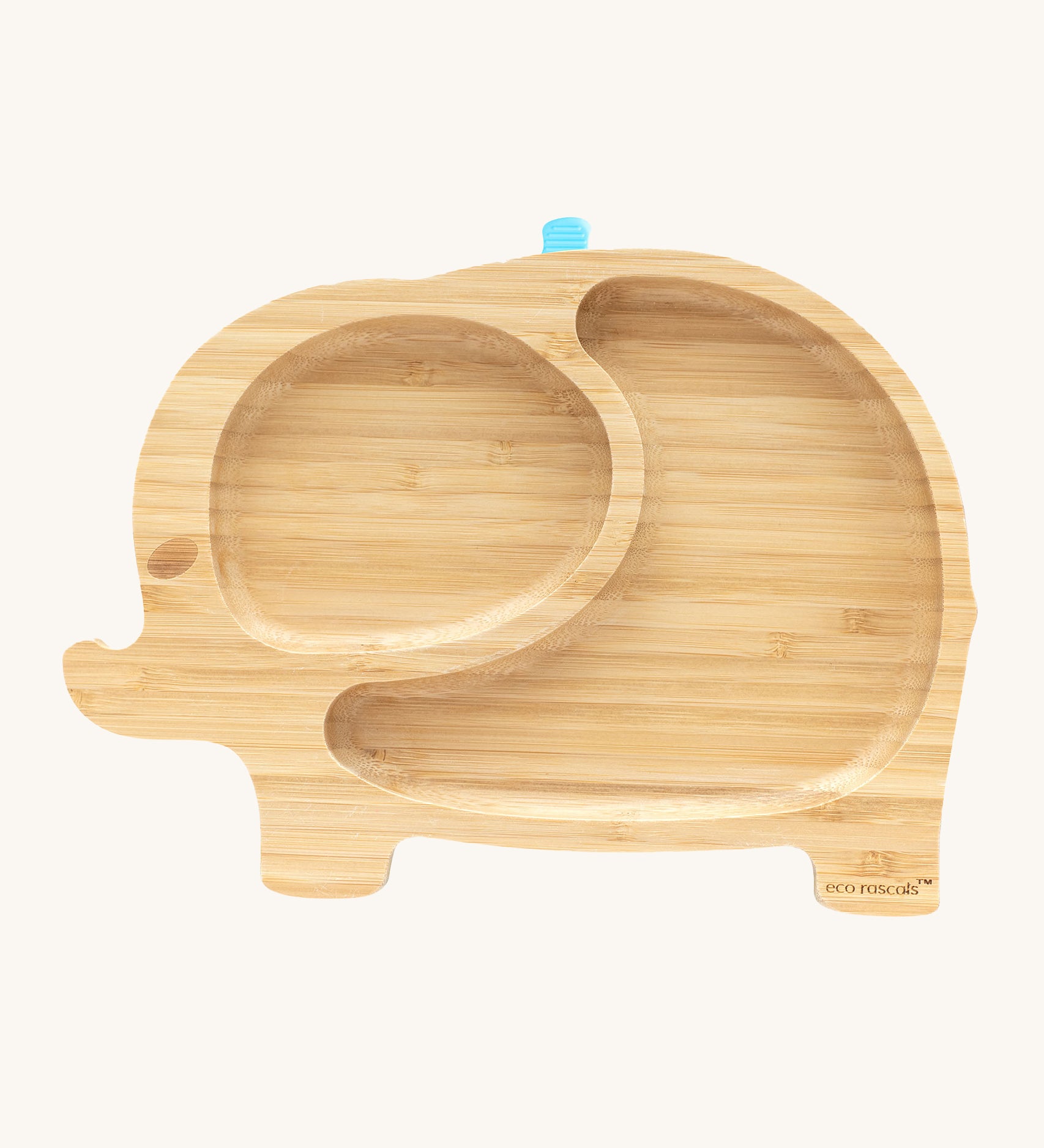 Eco Rascals Elephant Bamboo Suction Plate with blue silicone base. 