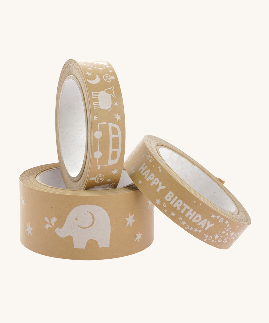 Stack of three babipur design kraft paper tapes with Happy Birthday, Camping and Elephant on a cream background