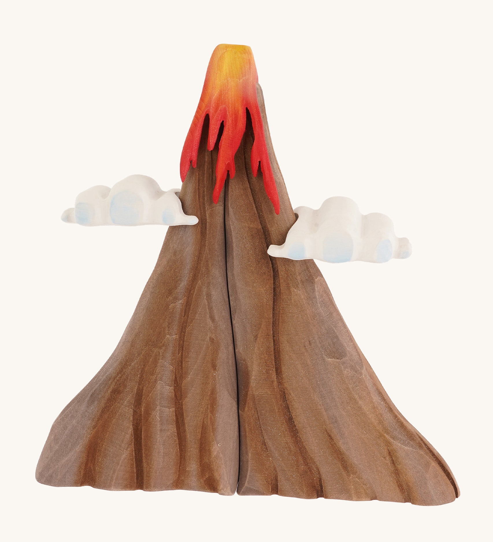 A Bumbu volcano wooden toy on a plain background.