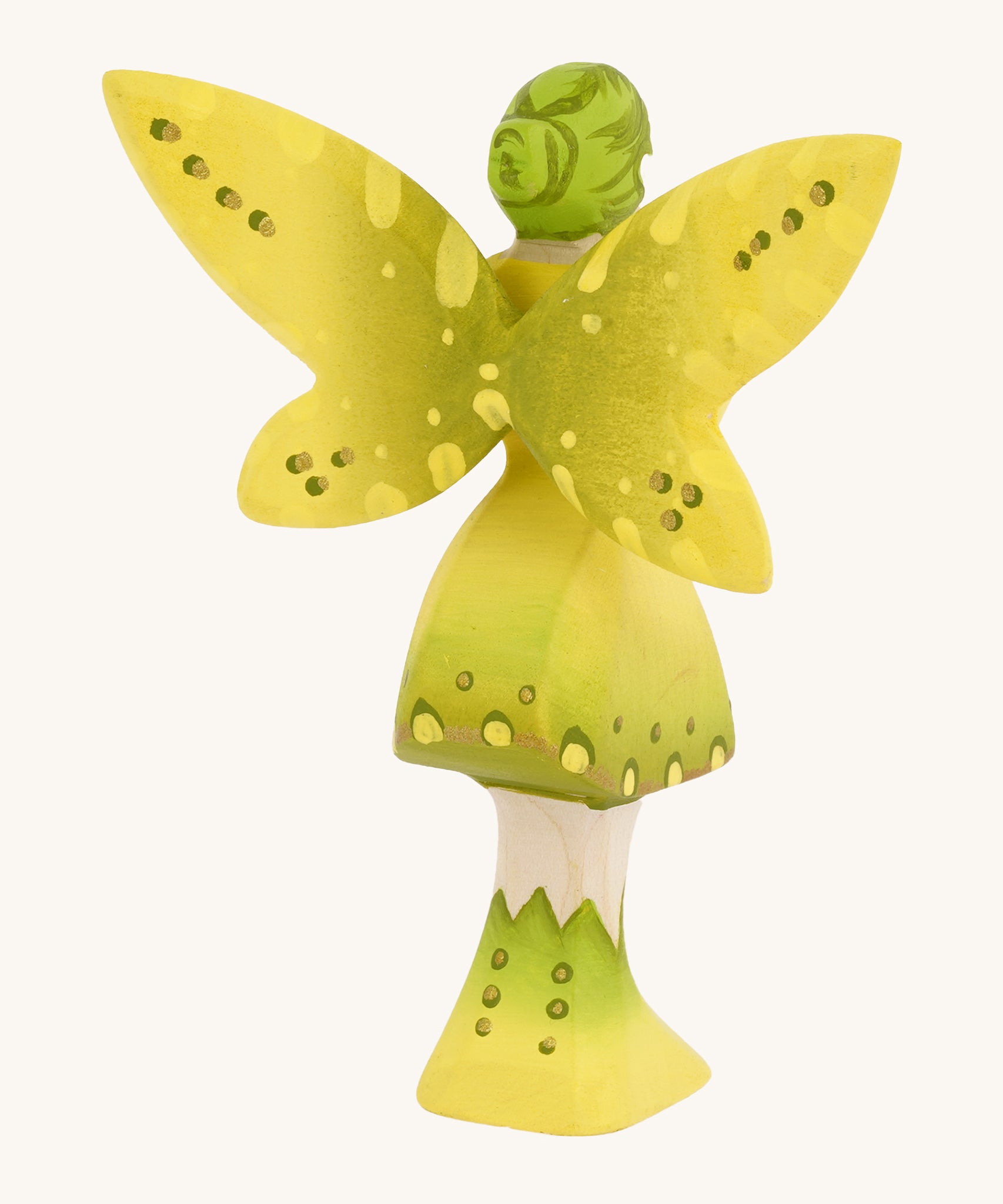 Bumbu Wooden Woodland Fairy on a plain background, showing the back of the fairy and the detail on it's wings.