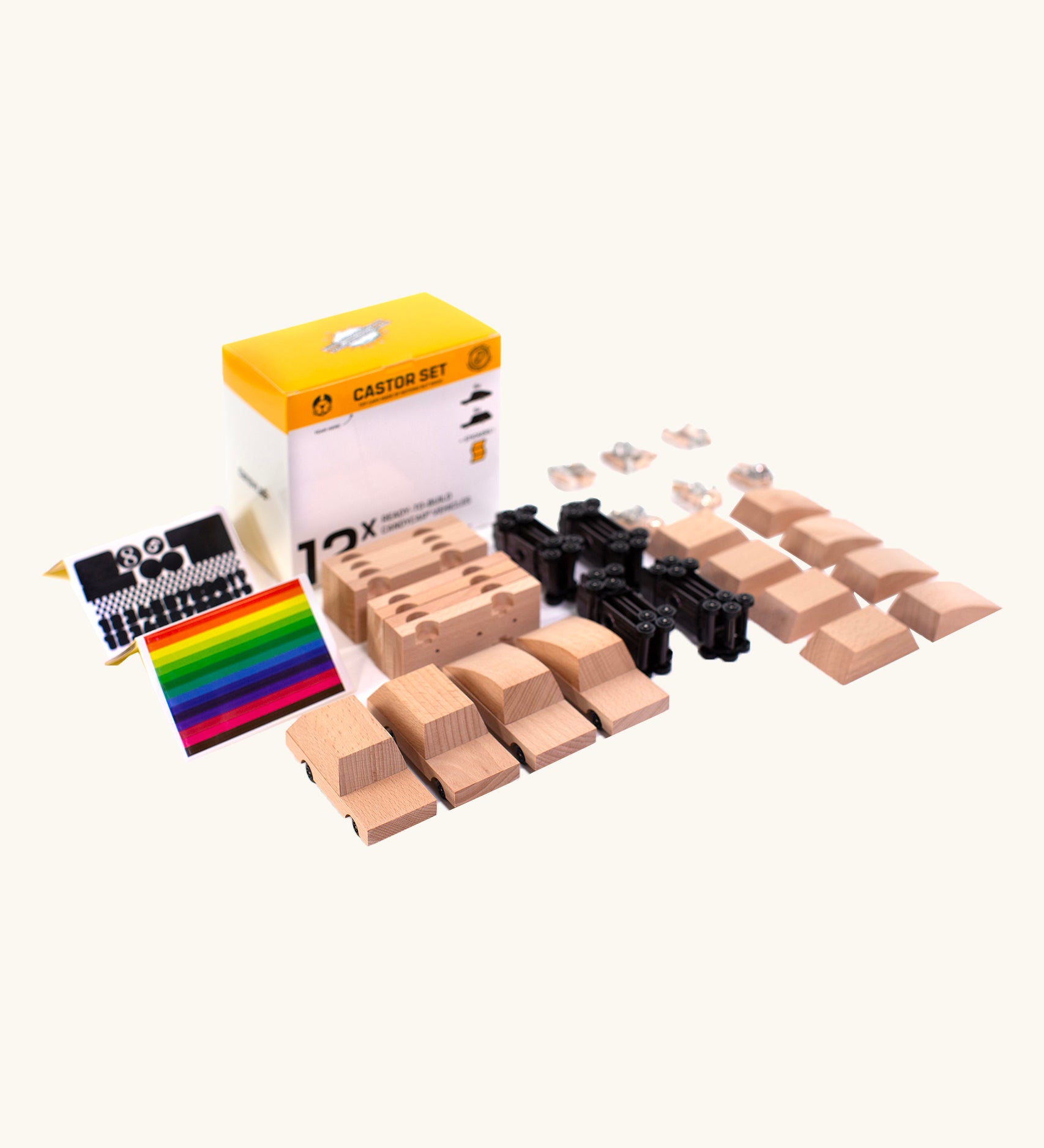 Candylab DIY Candycar Castor Set - 12 Pack wooden parts and sticker sets on a cream background