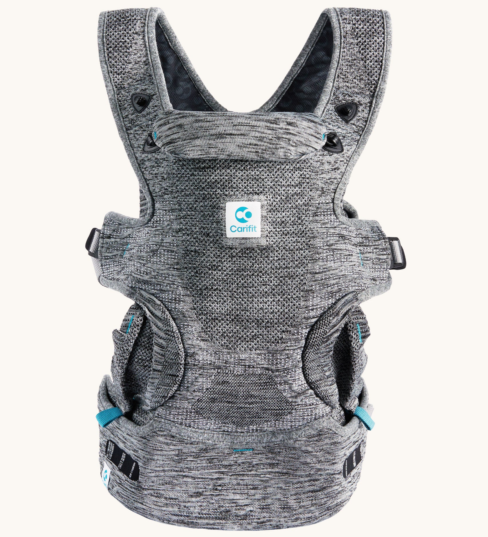 Carifit+ Fabric Baby Carrier in Grey, show from the front on a cream background