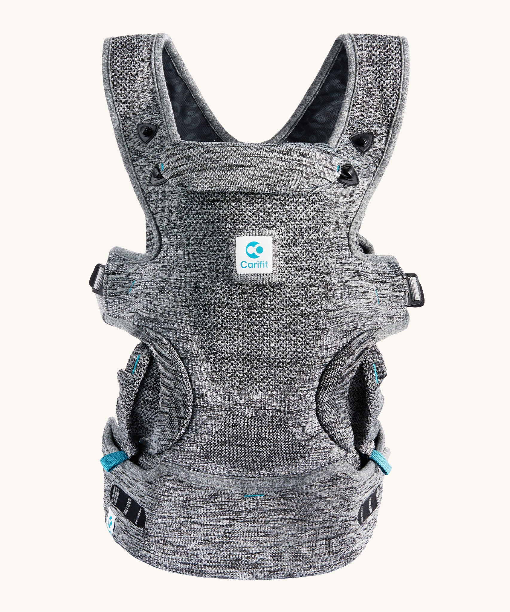 Carifit+ Fabric Baby Carrier in Grey, show from the front on a cream background