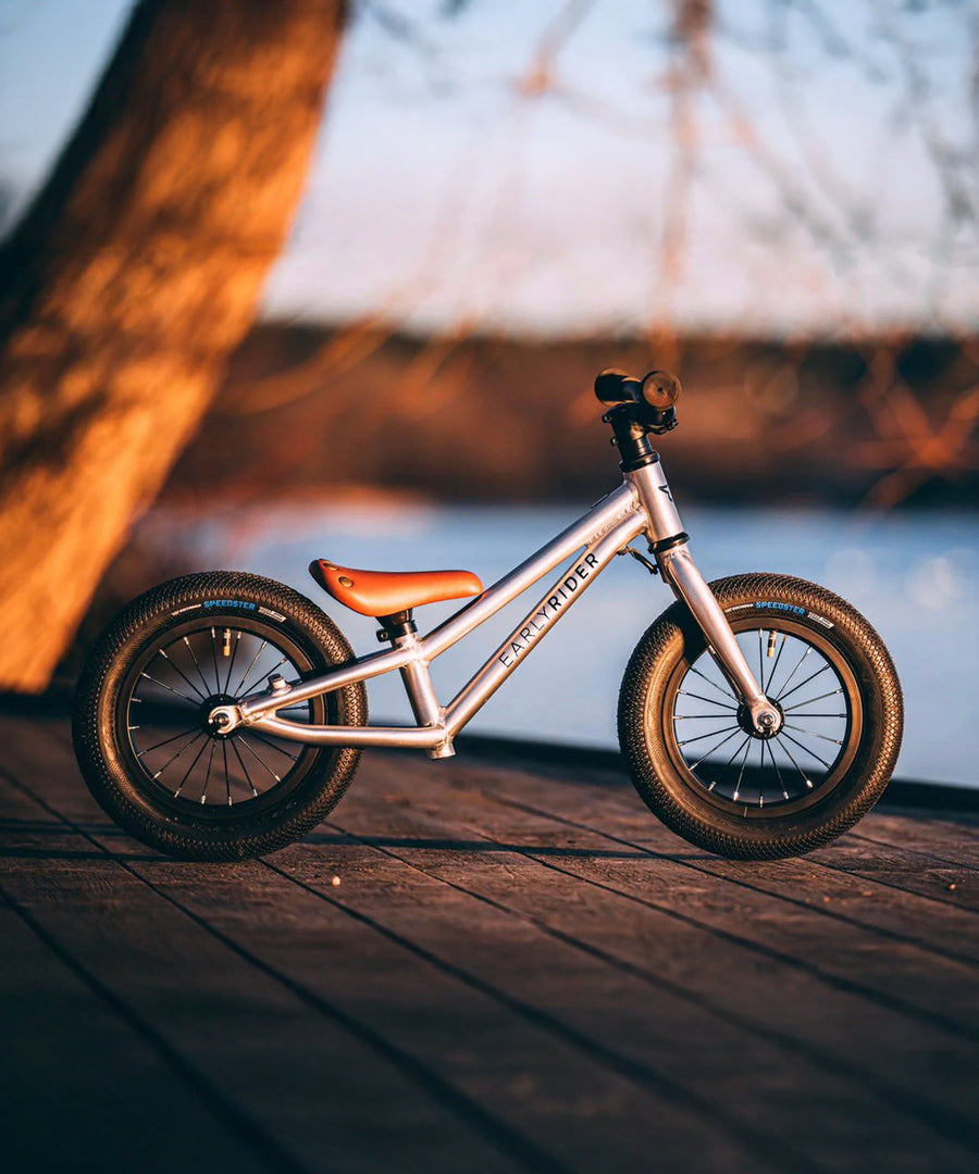 The Early Rider Charger Balance Bike - Violet Haze is stood on a dark wood decking, with a calming lake and tree background in the setting sun