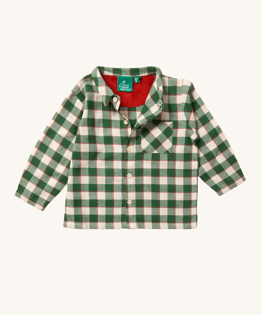 Little Green Radicals Check Long Sleeve Shirt - Fern Green. A soft green and cream check print with buttons down the front, long sleeves, a collar and a pocket on the shirt chest