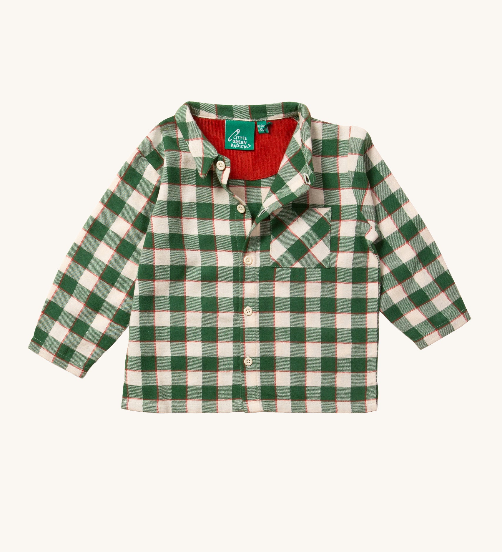 Little Green Radicals Check Long Sleeve Shirt - Fern Green. A soft green and cream check print with buttons down the front, long sleeves, a collar and a pocket on the shirt chest