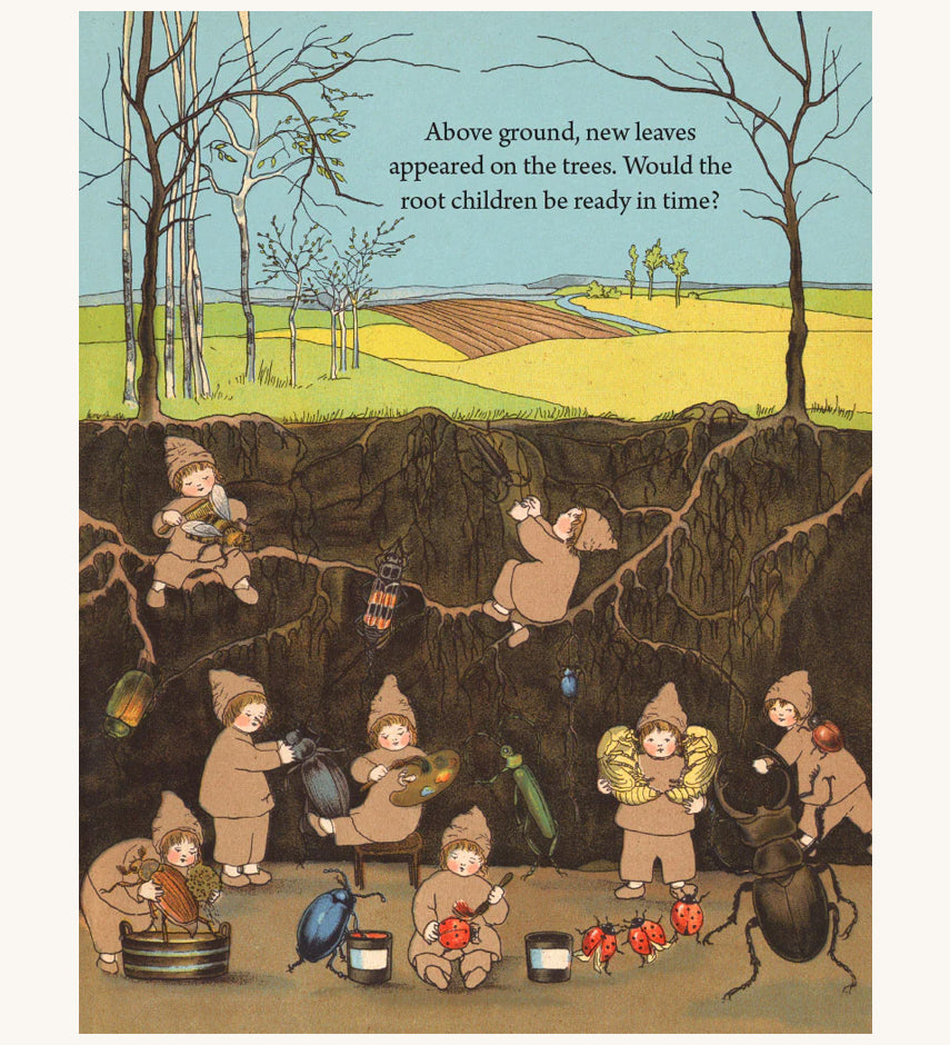 A page from The Story of the Root Children showing little children underground cleaning and helping little insects