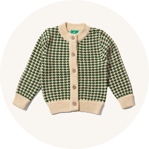 Knitted cardigan from Little Green Radicals on cream background to represent kids jumpers and cardigans at Babipur.