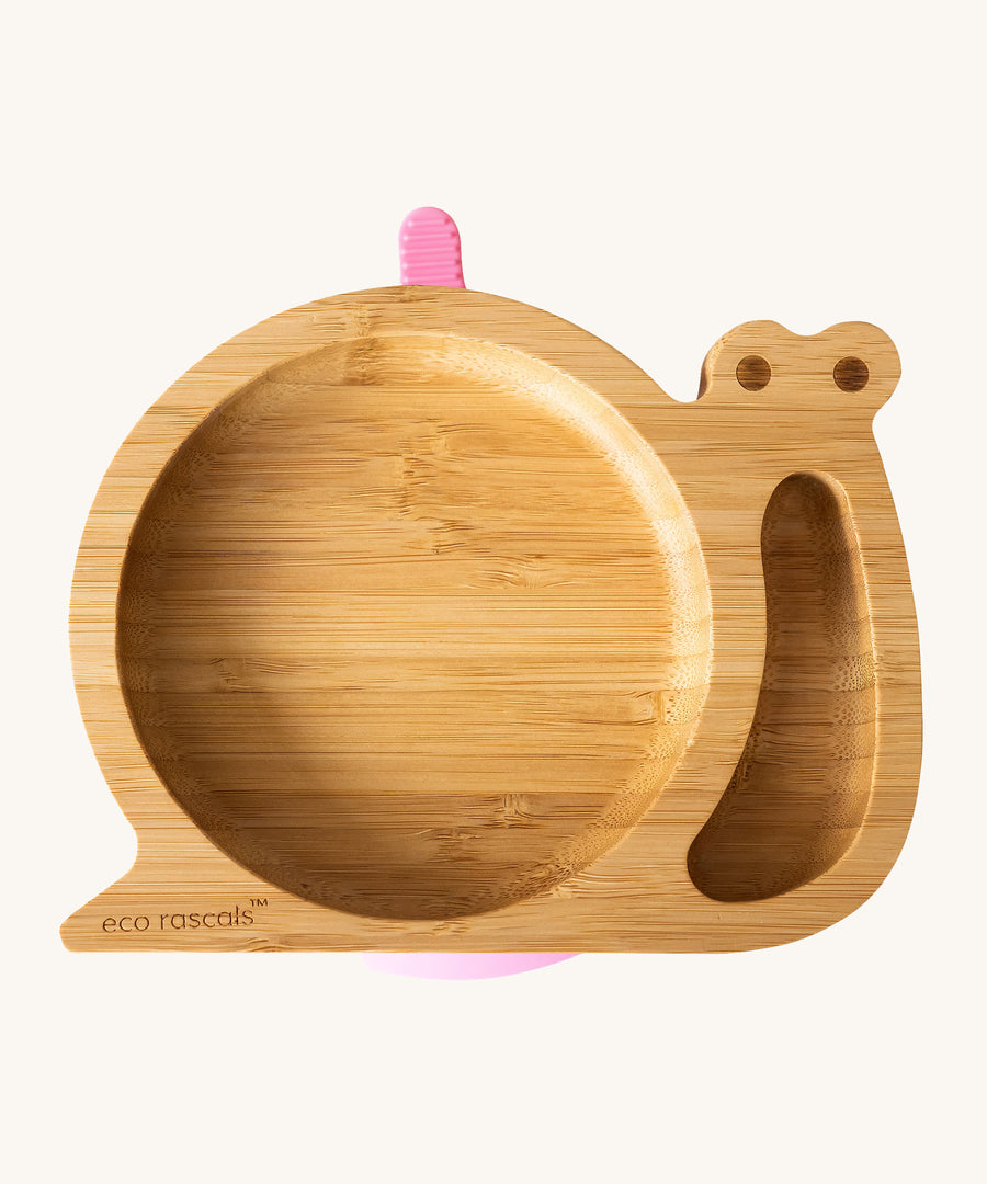 Eco Rascals Snail Bamboo Suction Plate with pink suction base.