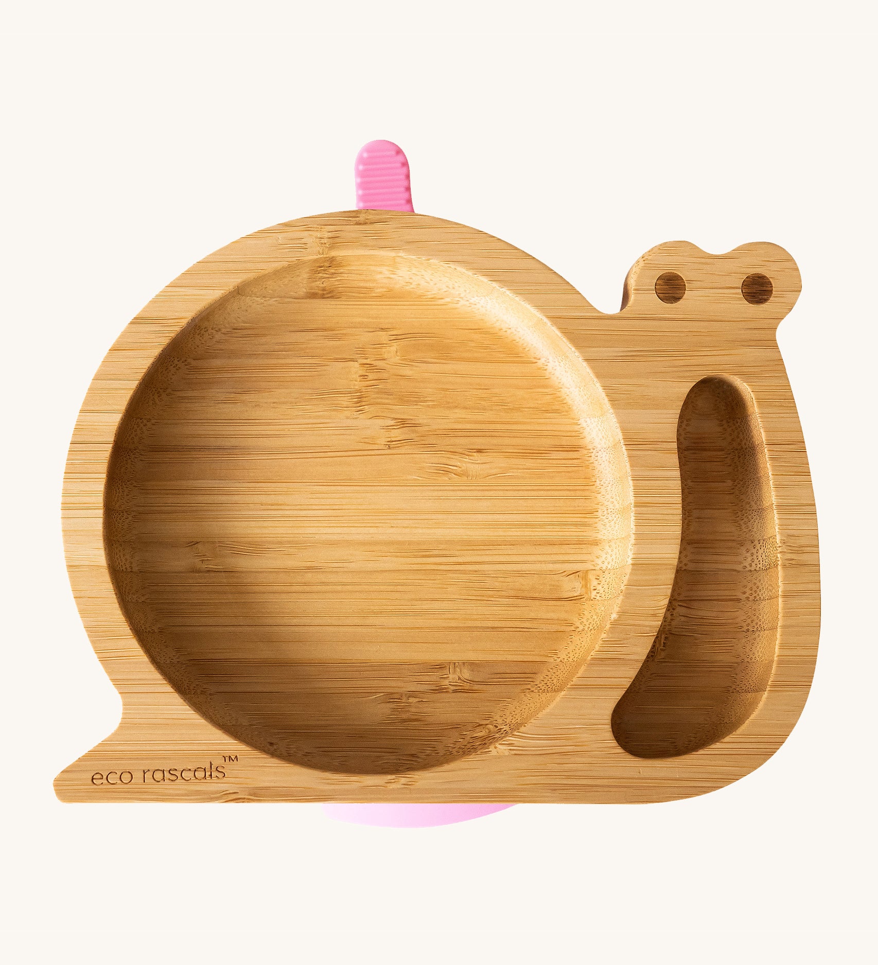 Eco Rascals Snail Bamboo Suction Plate with pink suction base.