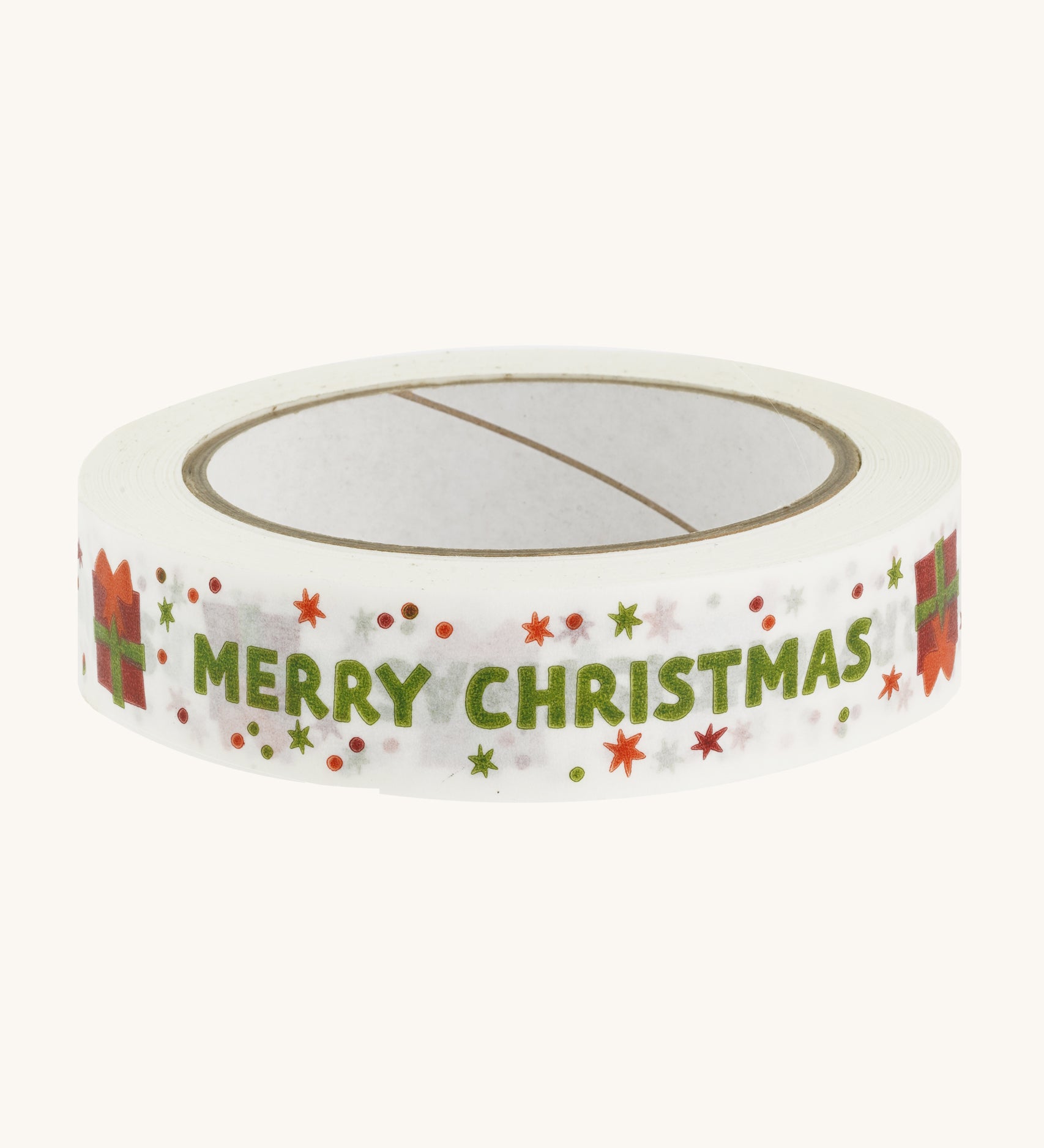 Merry Christmas paper tape on a cream background.