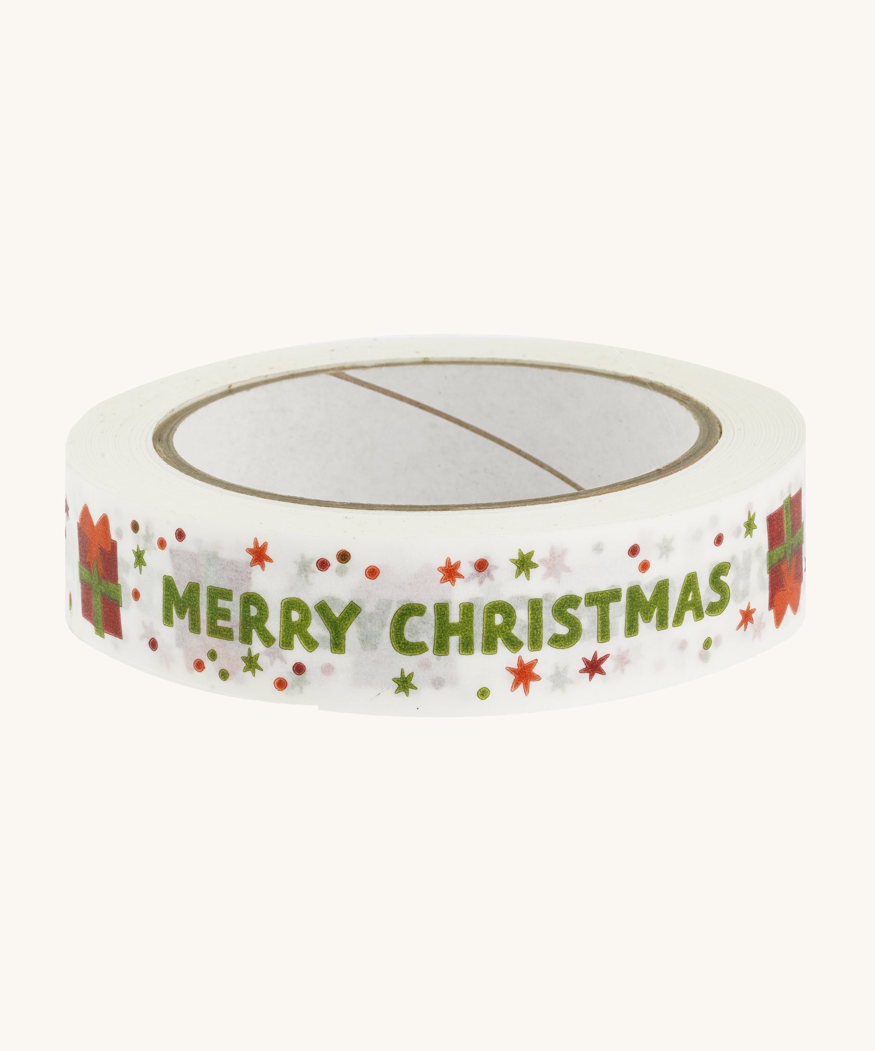 Merry Christmas paper tape on a cream background.