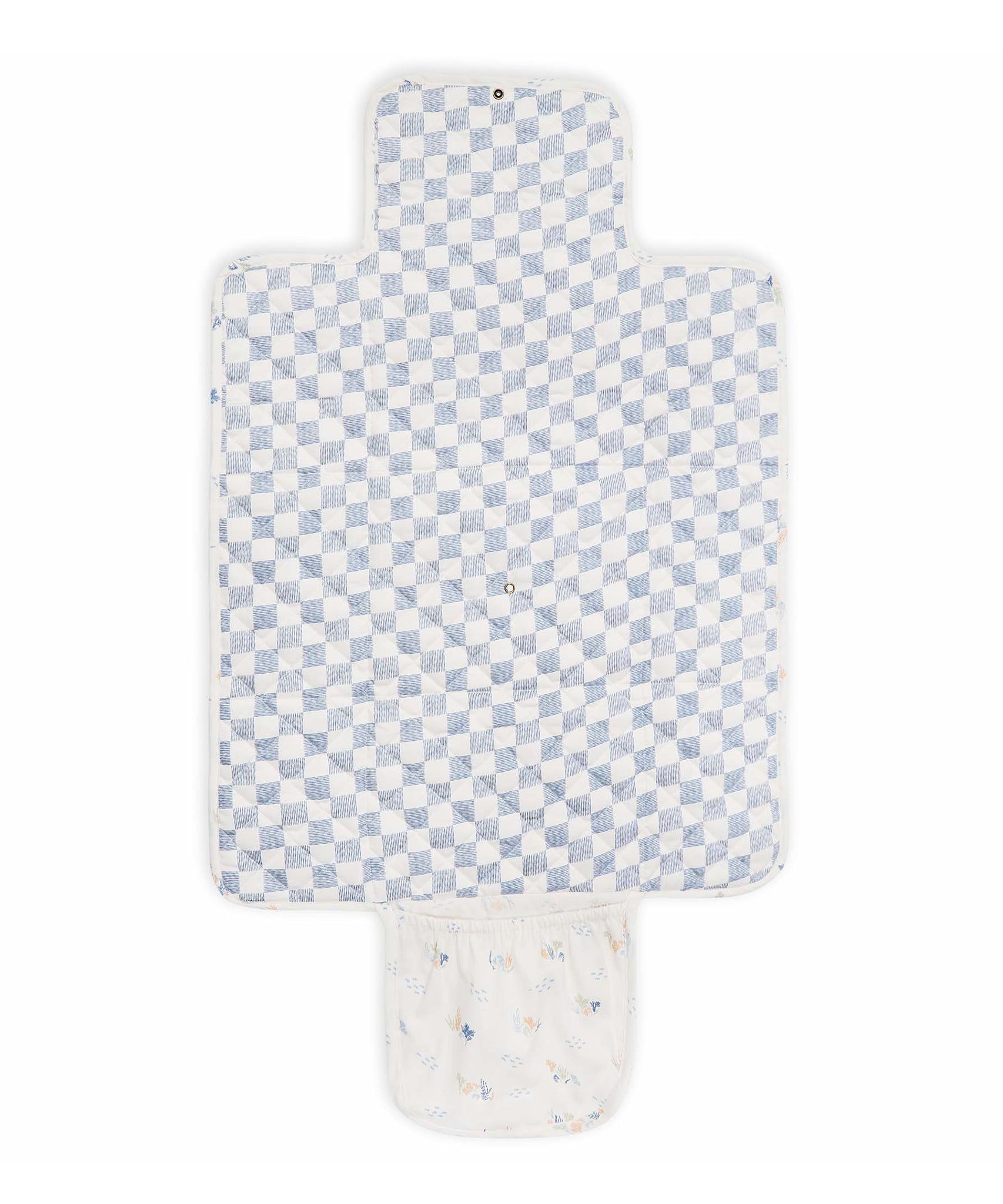 Avery Row Travel Changing Mat - Coastline, unfolded showing the internal blue and white checkerboard pattern..