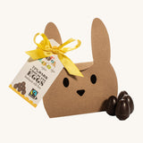 Cocoa Loco organic Fairtrade vegan mini dark chocolate eggs pictured with its bunny shaped eco-friendly packaging.