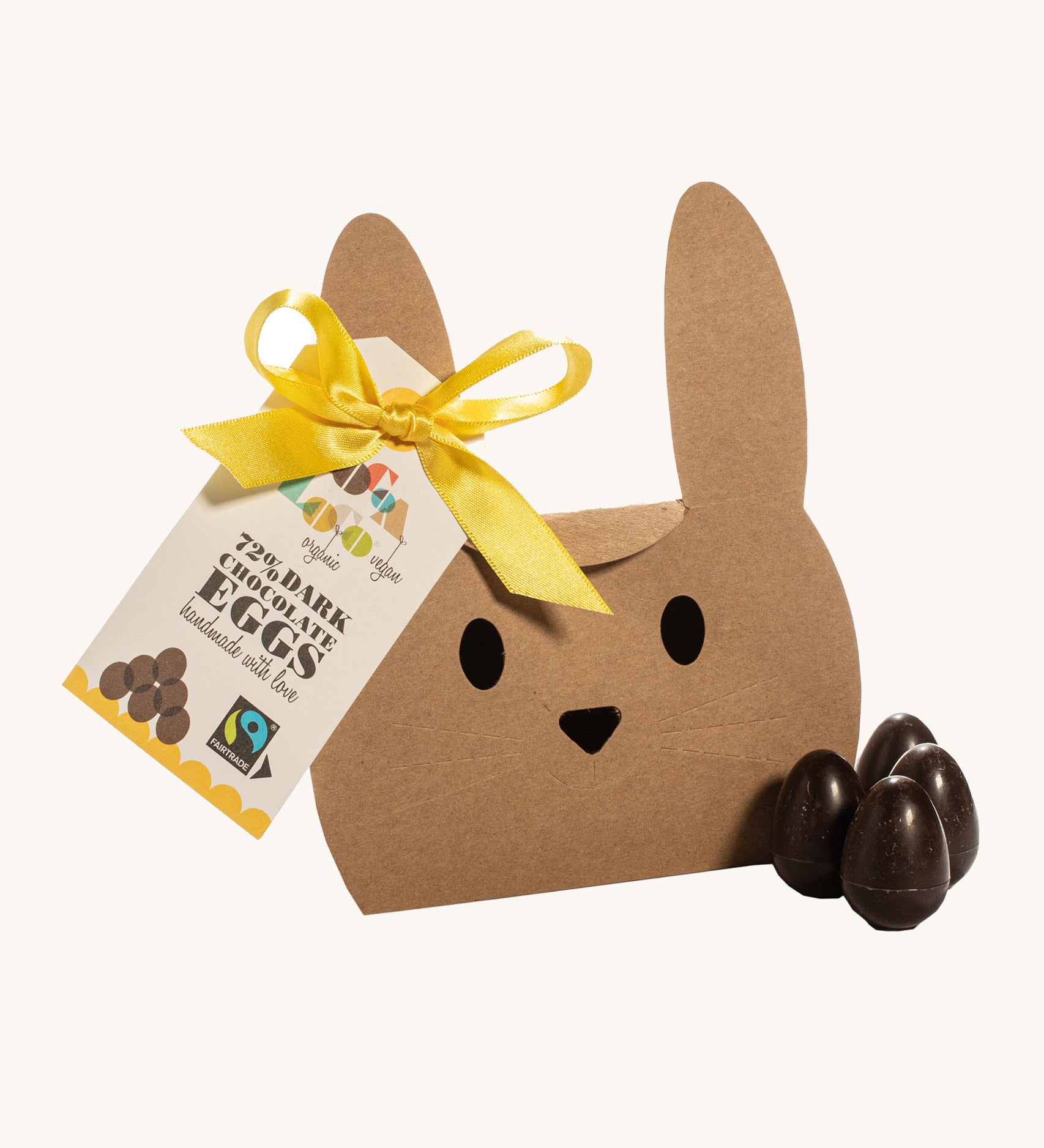 Cocoa Loco organic Fairtrade vegan mini dark chocolate eggs pictured with its bunny shaped eco-friendly packaging.