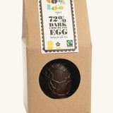 Cocoa Loco organic Fairtrade vegan dark chocolate Easter egg, hand-decorated with delicate swirls. Presented in eco-friendly brown paper packaging with a clear window