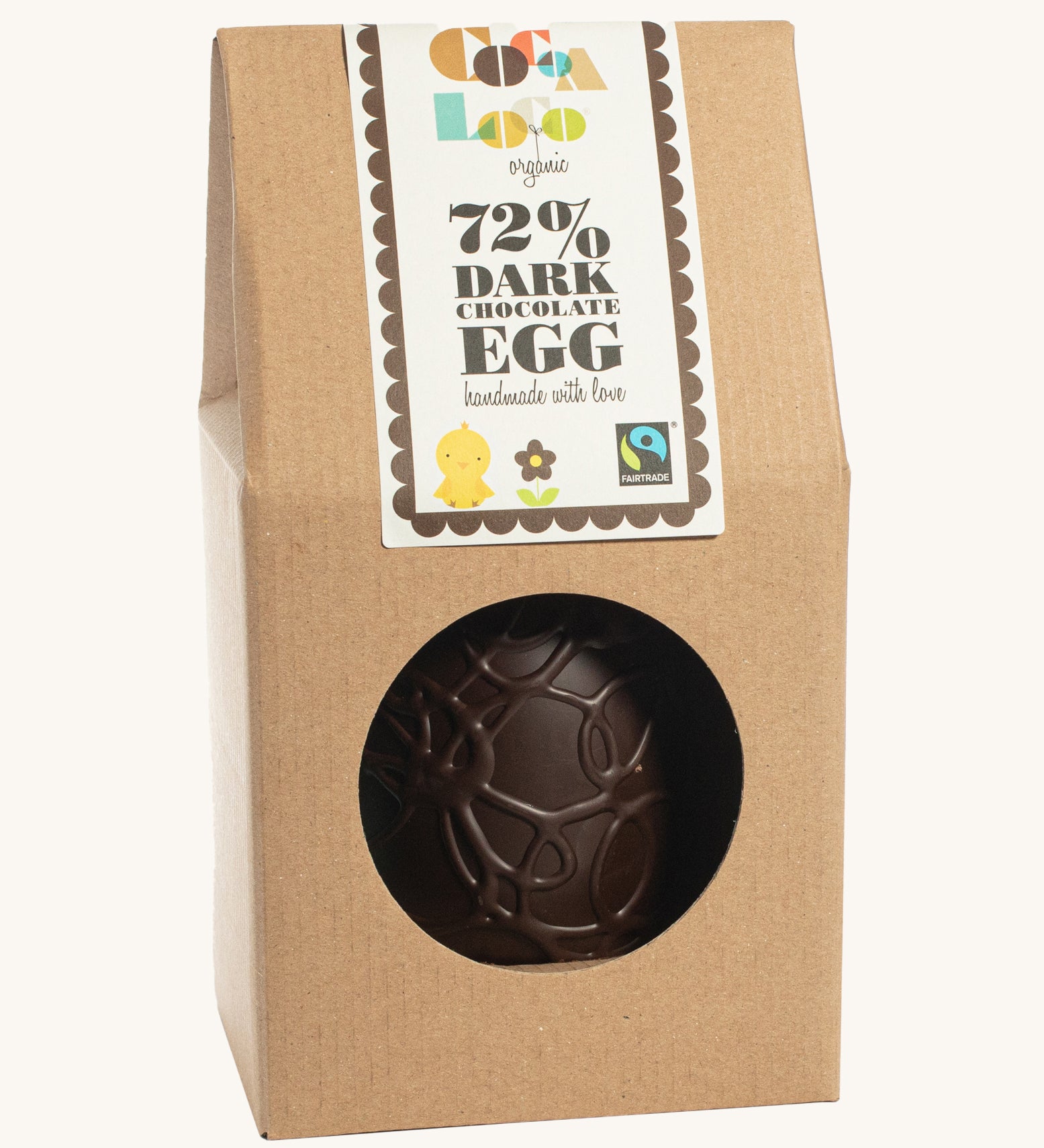 Cocoa Loco organic Fairtrade vegan dark chocolate Easter egg, hand-decorated with delicate swirls. Presented in eco-friendly brown paper packaging with a clear window