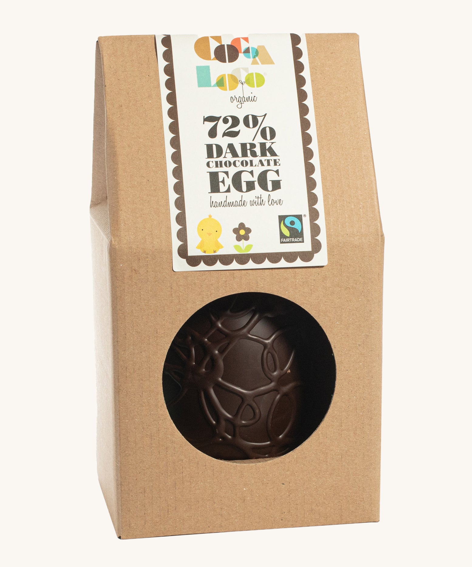 Cocoa Loco organic Fairtrade vegan dark chocolate Easter egg, hand-decorated with delicate swirls. Presented in eco-friendly brown paper packaging with a clear window