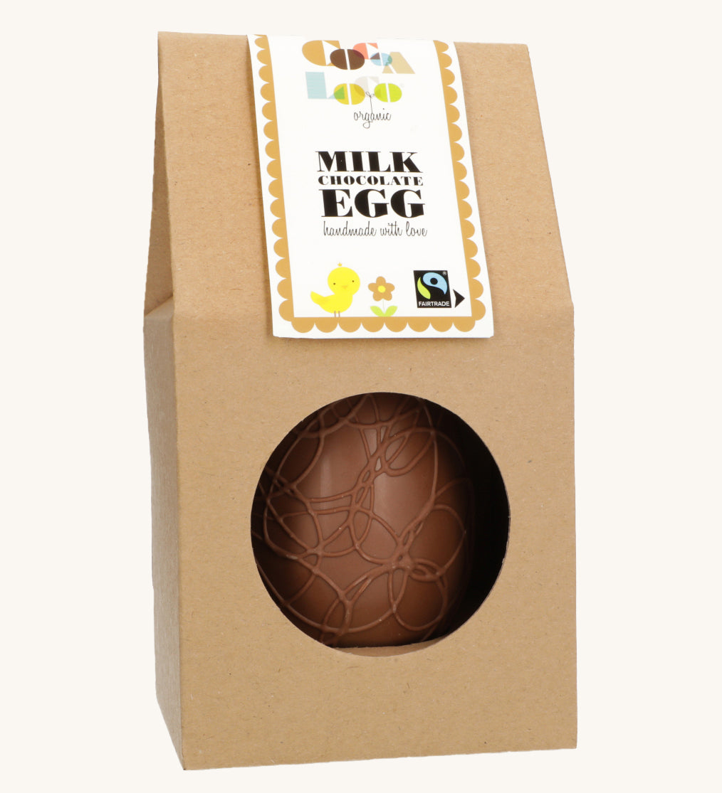 Cocoa Loco organic Fairtrade milk chocolate Easter egg, hand-decorated with delicate swirls. Presented in eco-friendly brown paper packaging with a clear window.