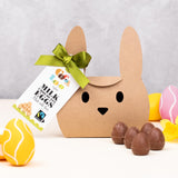 Cocoa Loco Fairtrade organic mini milk chocolate eggs shown with its bunny shaped eco-friendly packaging. Surrounded with colourful mini easter eggs and yellow daffodils.