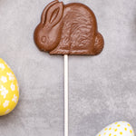 Cocoa Loco organic Fairtrade milk chocolate shaped rabbit lolly. Surrounded by colourful mini easter eggs.