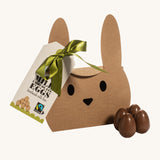 Cocoa Loco organic Fairtrade mini milk chocolate eggs presented with its bunny shaped eco-friendly packaging.