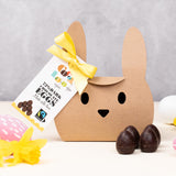 Cocoa Loco Fairtrade organic vegan mini dark chocolate eggs shown with it's bunny shaped eco-friendly packaging. Surrounded with colourful mini easter eggs and bright daffodils.