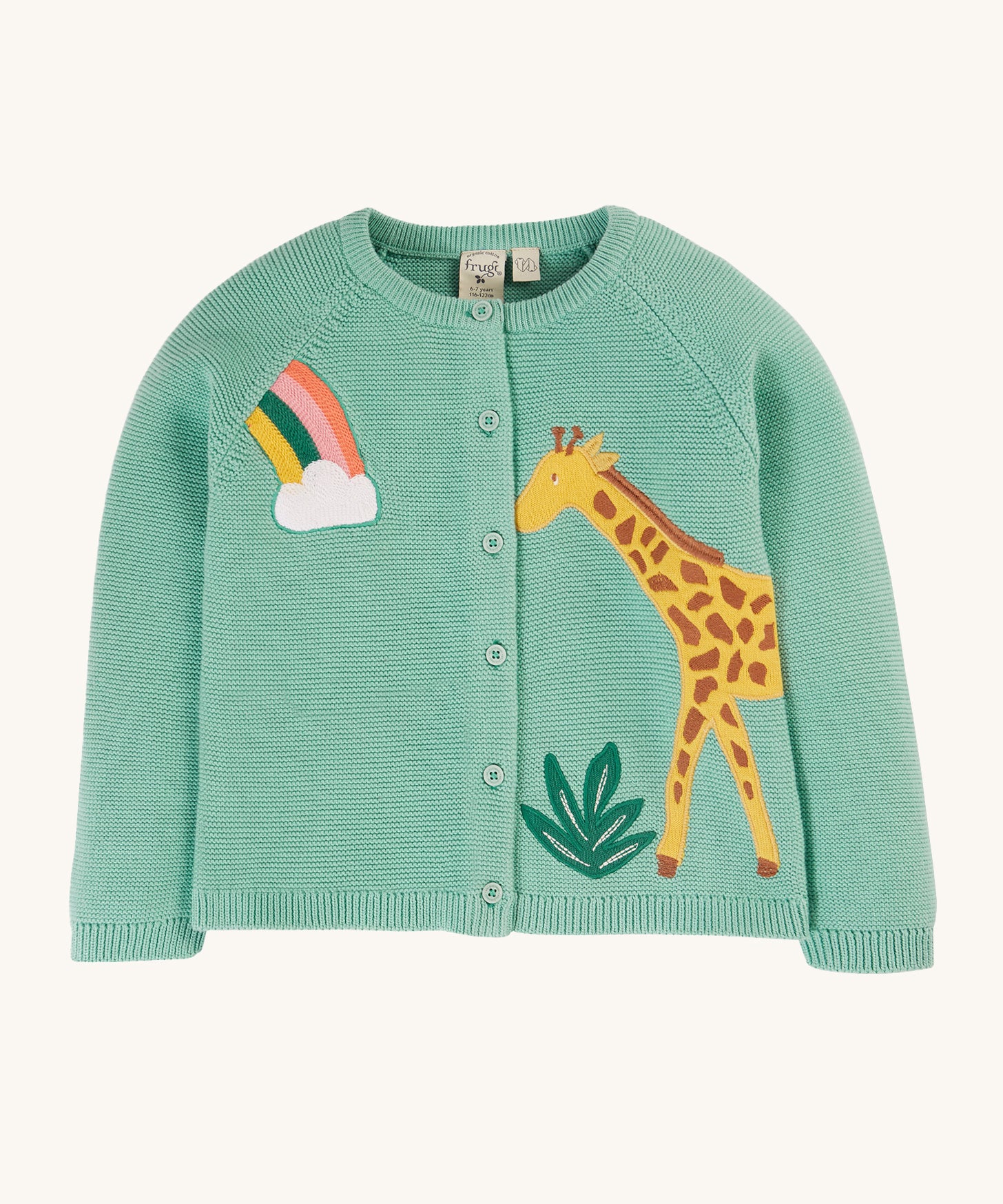 Frugi Colby Cardigan - Moss/Giraffe. A beautiful moss green cardigan with a lovely giraffe, leaf and rainbow applique on the front