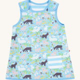 A closer look at the farmyard animal print on the Piccalilly Country Friends Reversible Dress