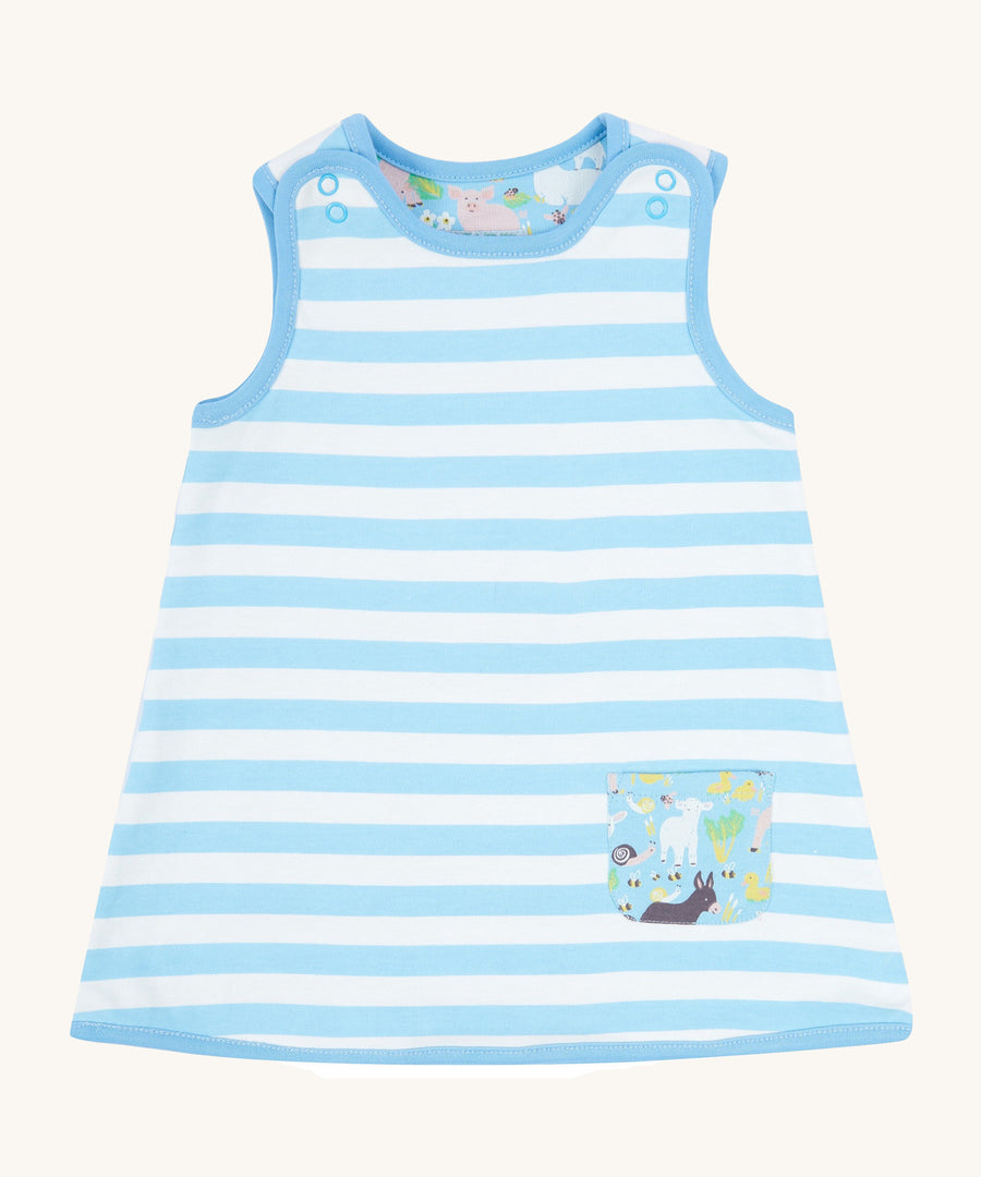 A closer look at the white and blue stripe side of the Piccalilly Country Friends Reversible Dress