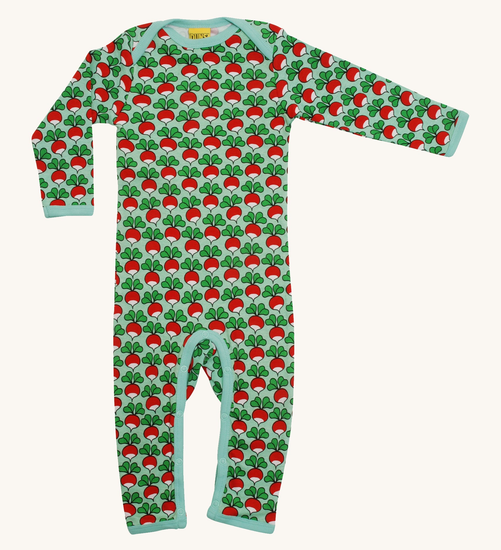 A soft, organic cotton, long sleeve bodysuit in mist green. With a repeat radish print pattern and light blue piping and poppers on the inside of the legs