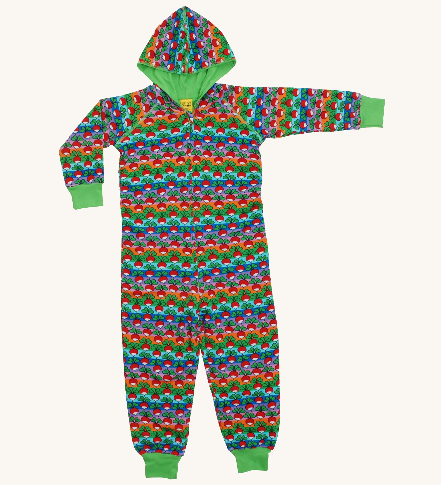 A soft full body hooded onsie suit with rainbow stripes and a run radish print, with a green inner and green ankle and wrist cuffs. Made from organic cotton, with a full zip from gusset to neck