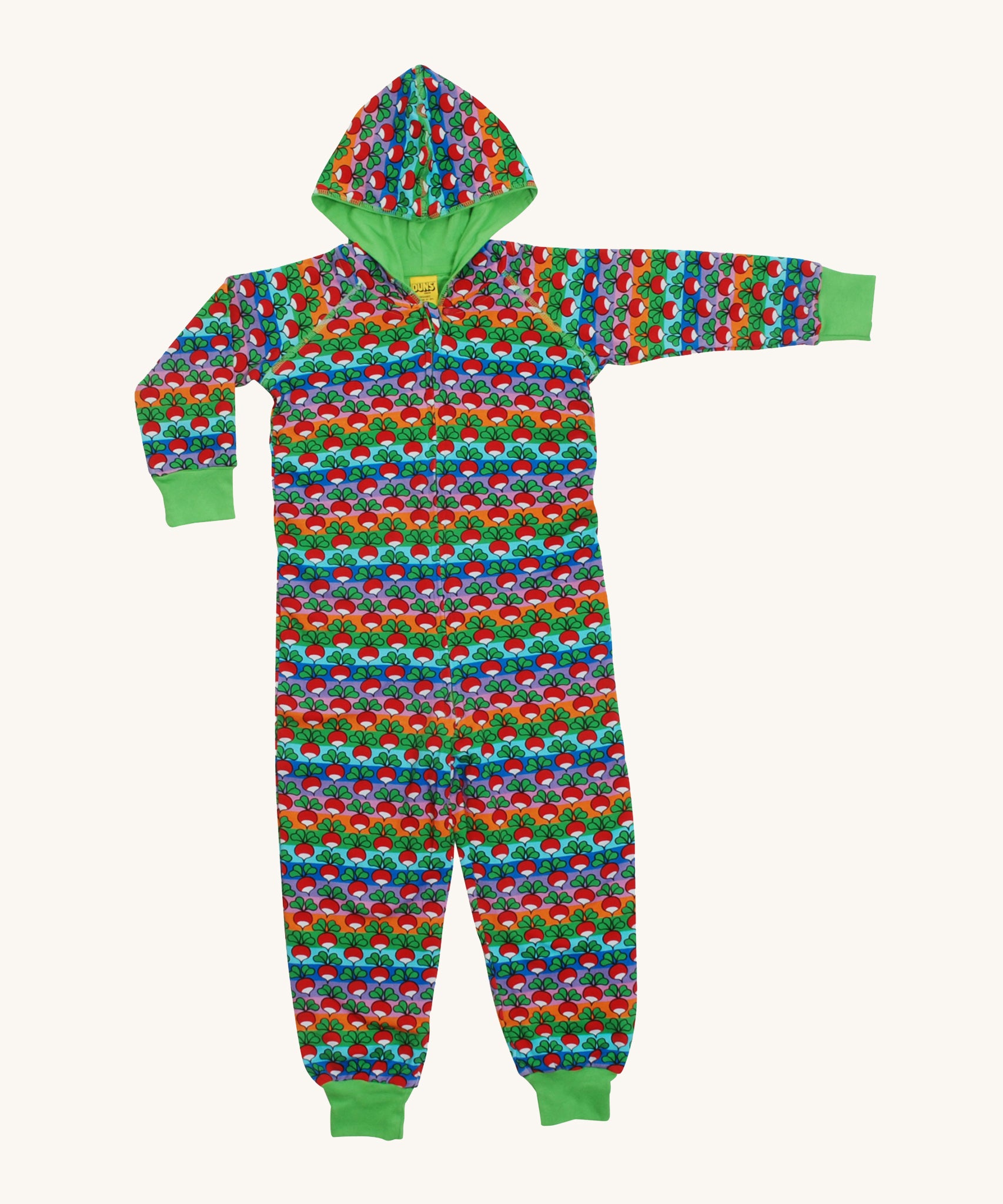 A soft full body hooded onsie suit with rainbow stripes and a run radish print, with a green inner and green ankle and wrist cuffs. Made from organic cotton, with a full zip from gusset to neck