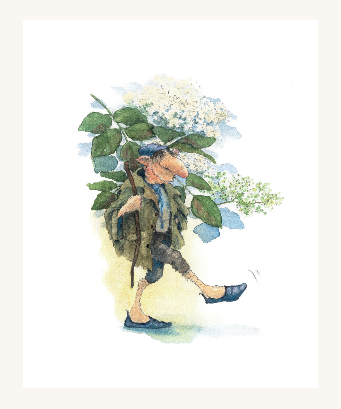 A page from The Garden Adventures Of Griswald The Gnome by Daniela Drescher. The image shows a gnome carrying tree leaves and white flowers, which looks like flowers from an elderberry tree